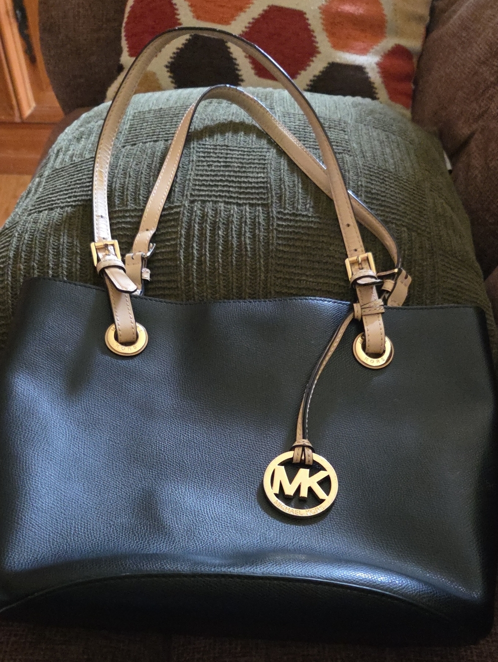 Michael Kors Black Tote with Tan Straps and Gold MK Charm